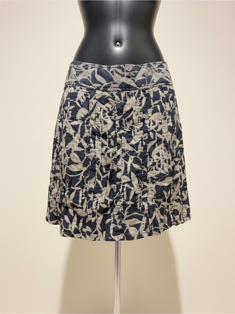 Printed Black and Cream A-Line Skirt with Vertical Seam Details